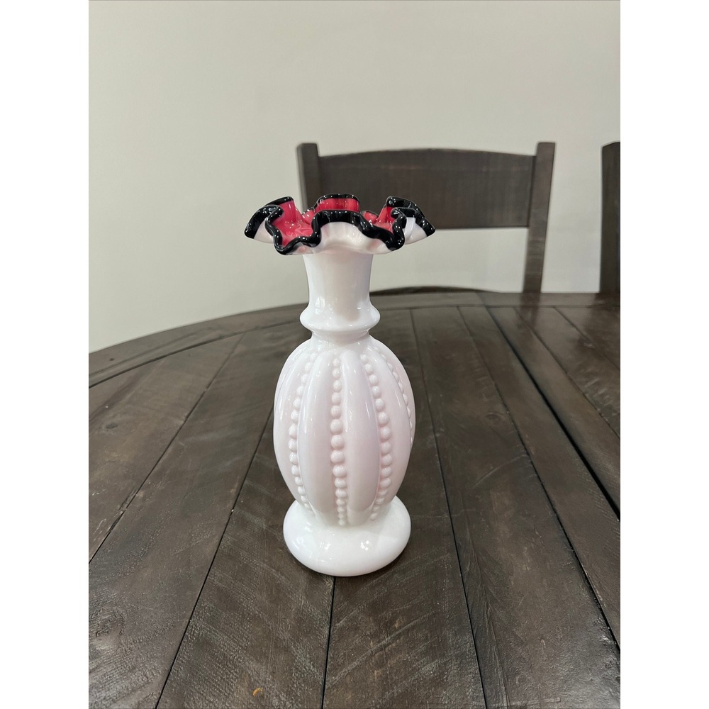 Fenton Beaded Melon 8.5" VASE Rose Vases Black Crest‎ Milk Glass